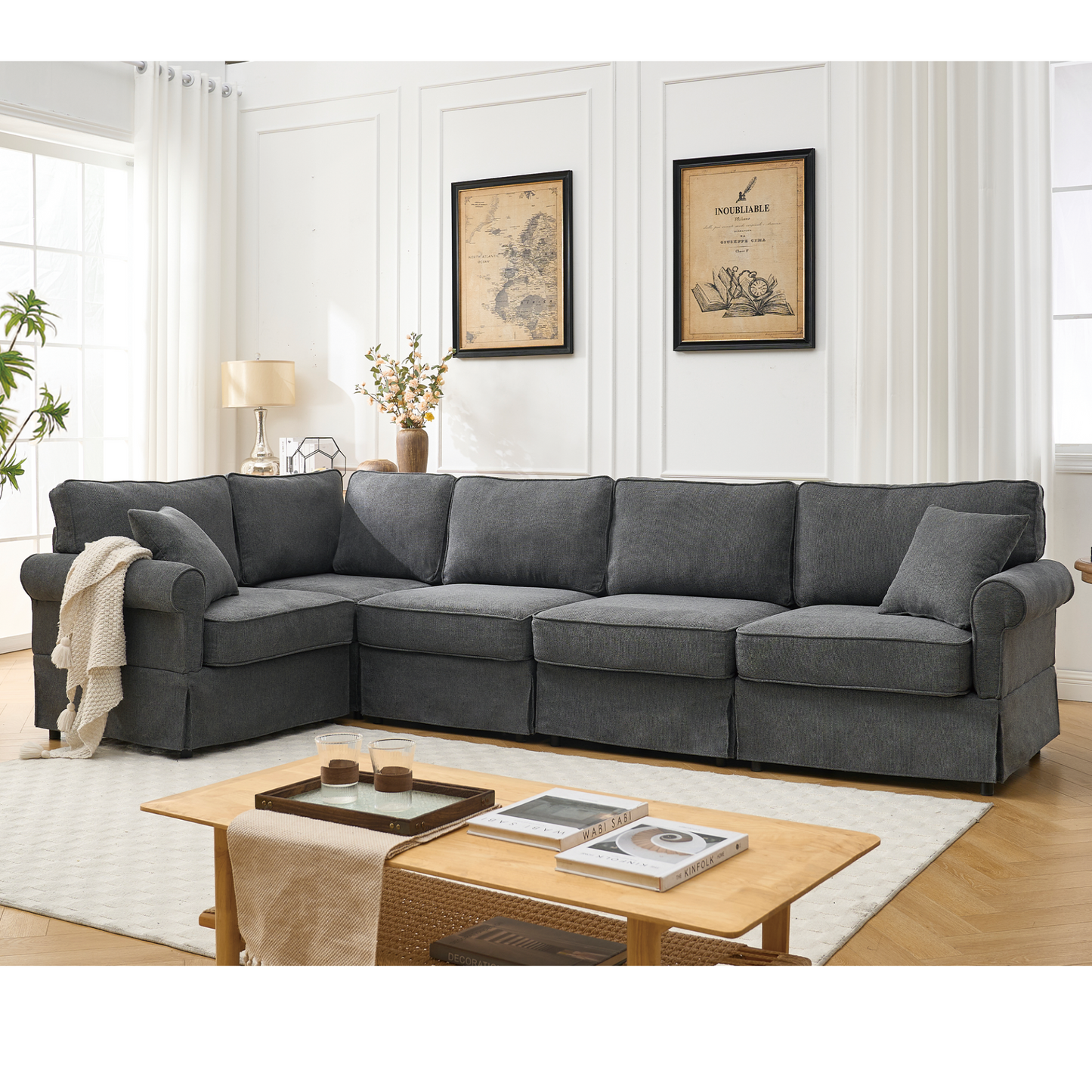 Modular Sectional Sofa Set,Convertible L Shaped Couch ,5 Seat,Reversible Sectional Sofa Couch,Upholstered,Corner Sofa,Rolled Arms,Soft Linen Fabric, Dark gray