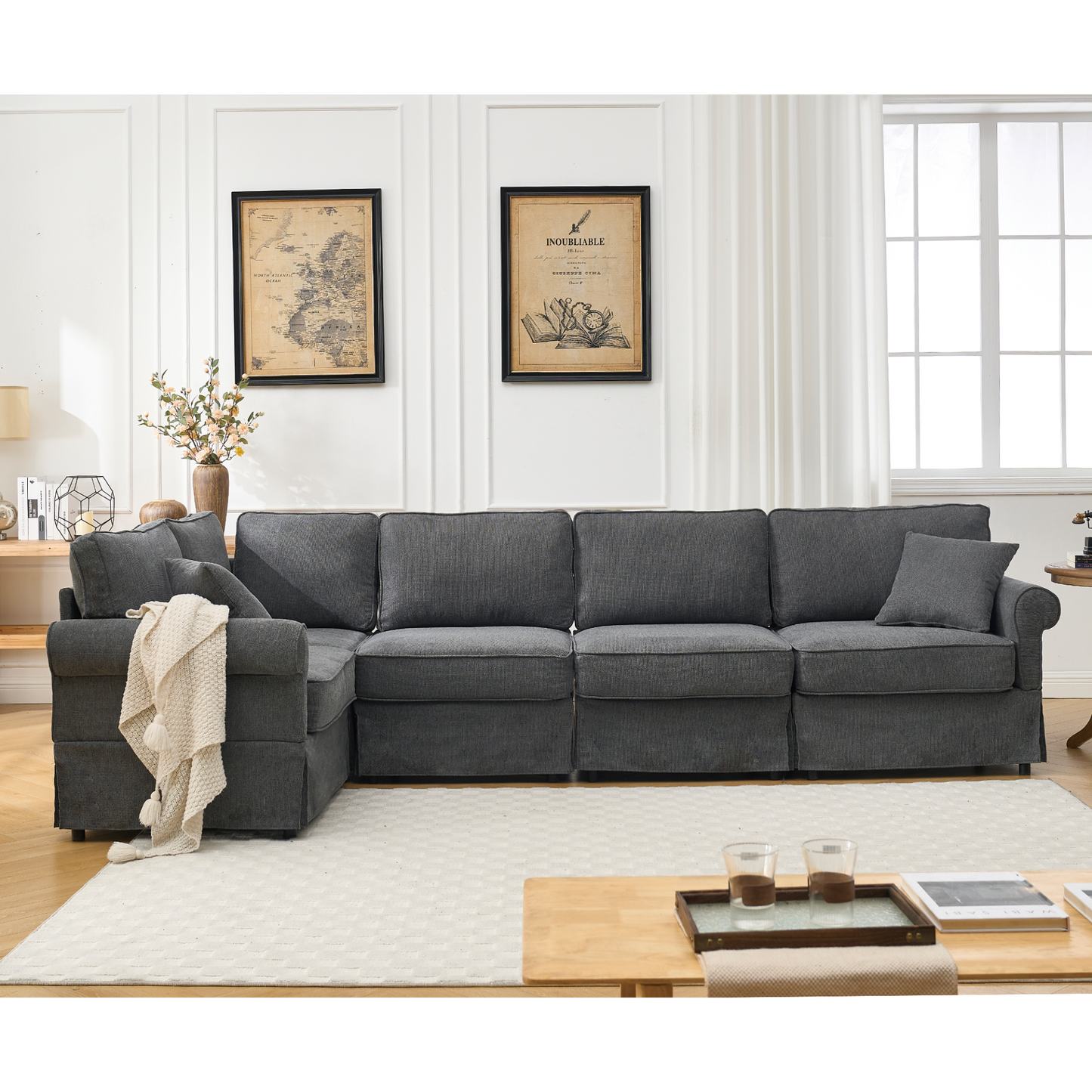 Modular Sectional Sofa Set,Convertible L Shaped Couch ,5 Seat,Reversible Sectional Sofa Couch,Upholstered,Corner Sofa,Rolled Arms,Soft Linen Fabric, Dark gray