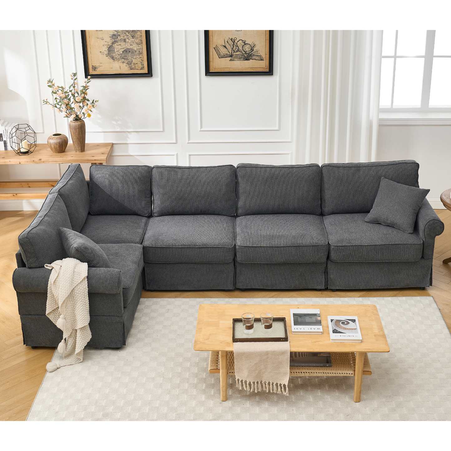 Modular Sectional Sofa Set,Convertible L Shaped Couch ,5 Seat,Reversible Sectional Sofa Couch,Upholstered,Corner Sofa,Rolled Arms,Soft Linen Fabric, Dark gray