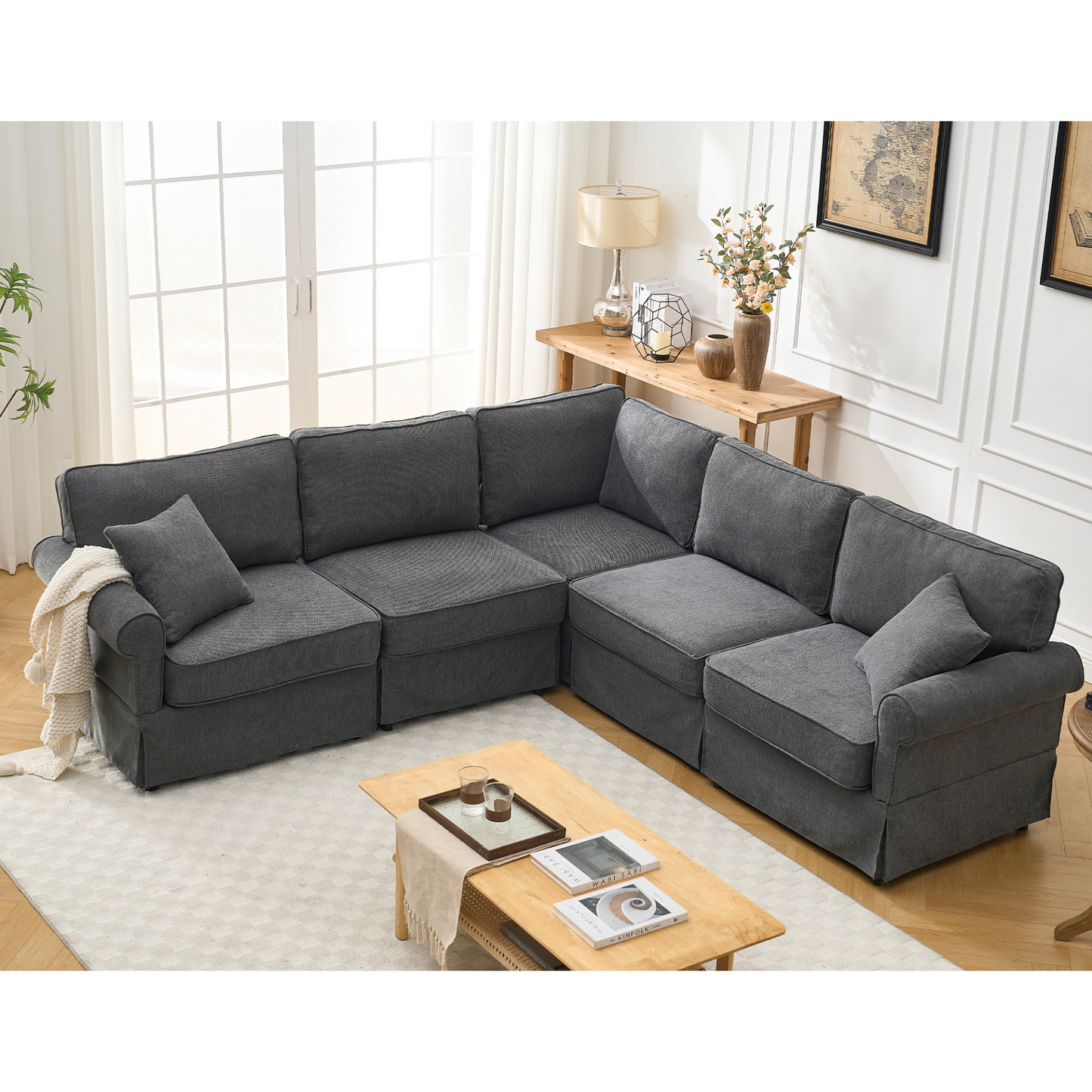 Modular Sectional Sofa Set,Convertible L Shaped Couch ,5 Seat,Reversible Sectional Sofa Couch,Upholstered,Corner Sofa,Rolled Arms,Soft Linen Fabric, Dark gray