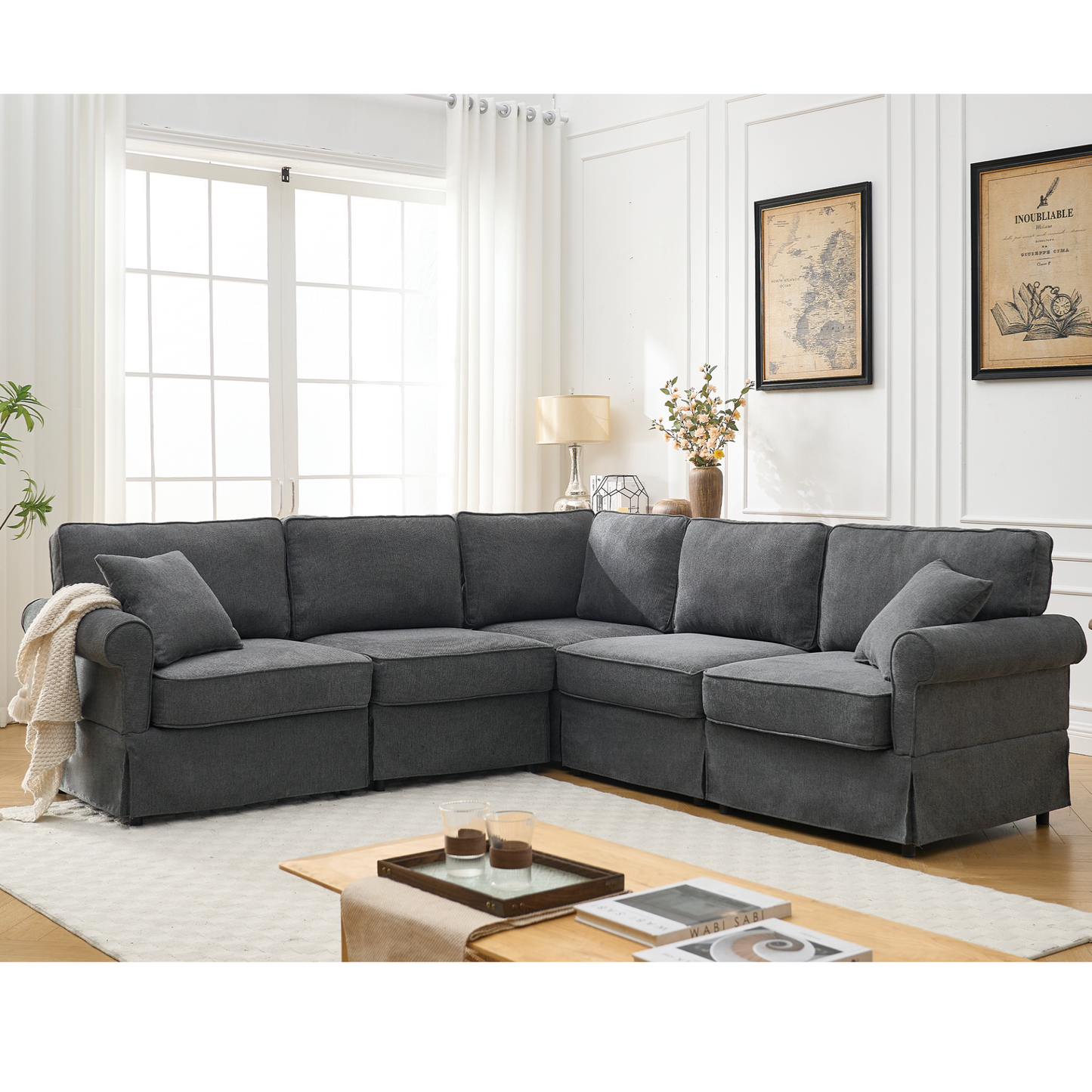Modular Sectional Sofa Set,Convertible L Shaped Couch ,5 Seat,Reversible Sectional Sofa Couch,Upholstered,Corner Sofa,Rolled Arms,Soft Linen Fabric, Dark gray