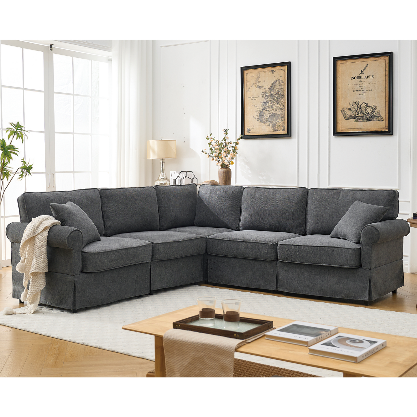 Modular Sectional Sofa Set,Convertible L Shaped Couch ,5 Seat,Reversible Sectional Sofa Couch,Upholstered,Corner Sofa,Rolled Arms,Soft Linen Fabric, Dark gray