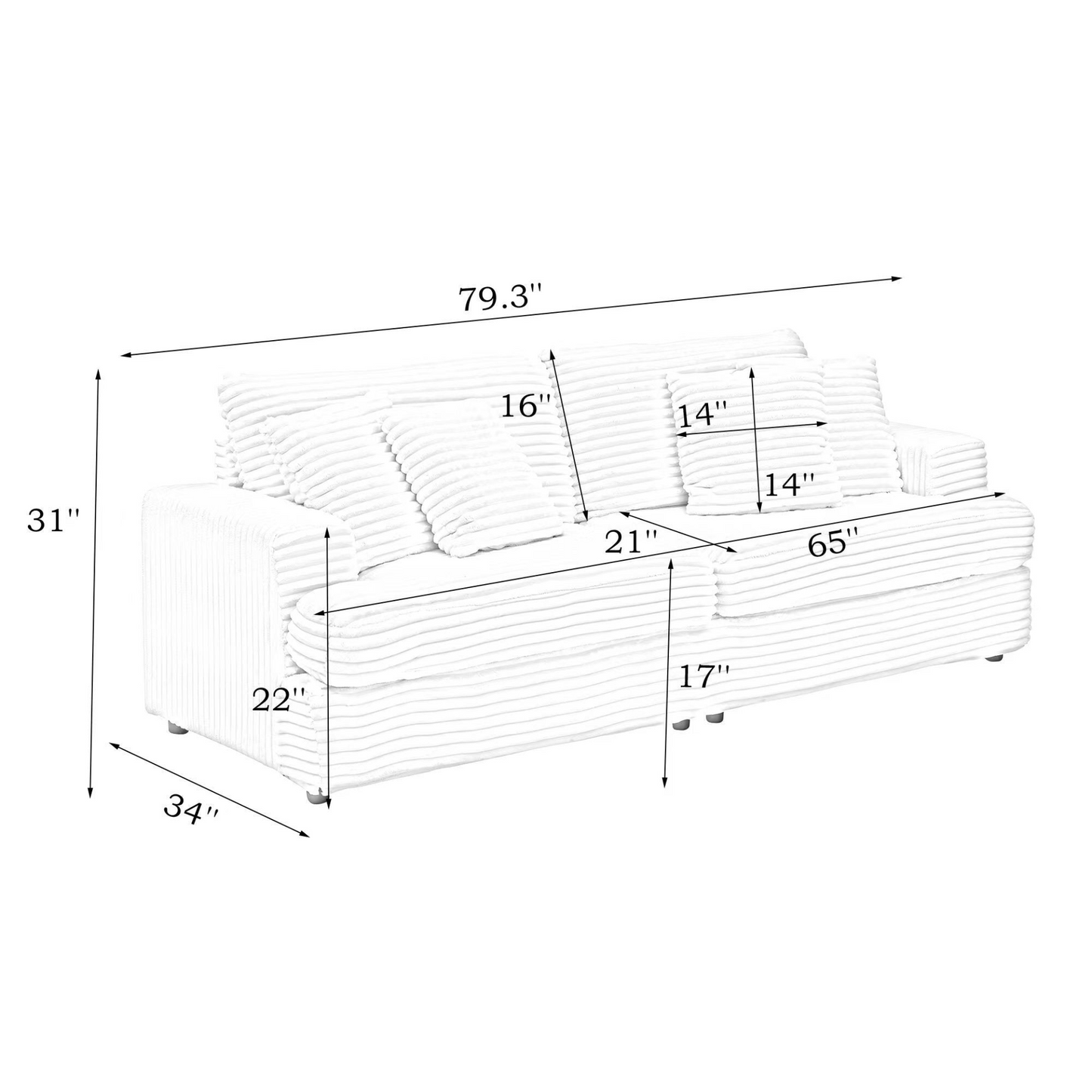 79.3 "long, corduroy sofa with 4 matching pillows, stylish design spacious and comfortable 3-seater sofa suitable for modern living room, orange color