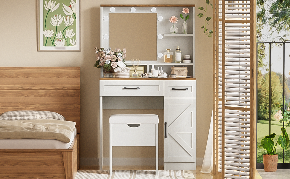 Farmhouse Makeup Vanity Desk with Mirror and Lights, 3 Lighting Modes, Vanity Set with Stool, Dressing Table with Adjustable Shelves,2 Drawers and Side Cabinet for Bedroom, White