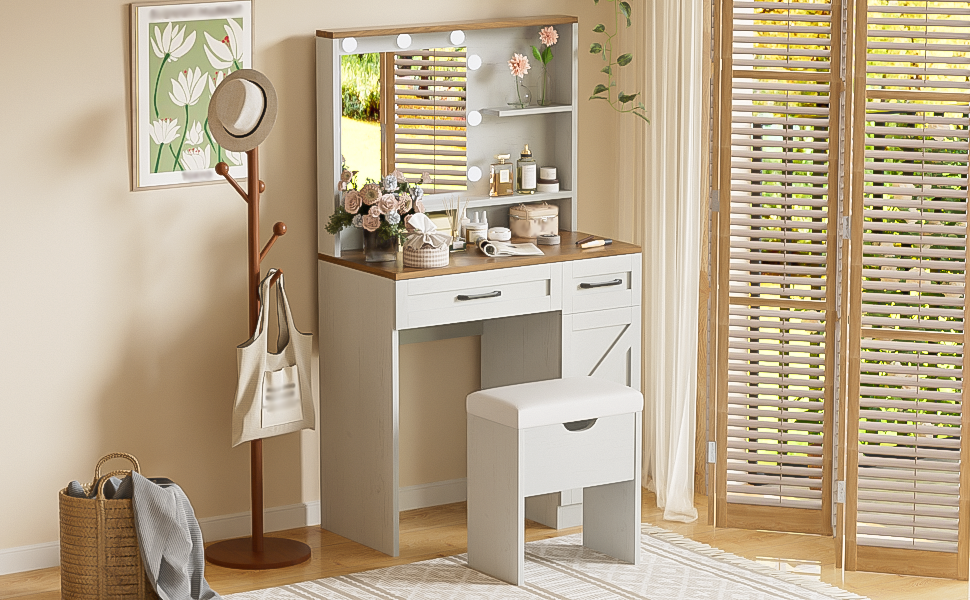Farmhouse Makeup Vanity Desk with Mirror and Lights, 3 Lighting Modes, Vanity Set with Stool, Dressing Table with Adjustable Shelves,2 Drawers and Side Cabinet for Bedroom, White