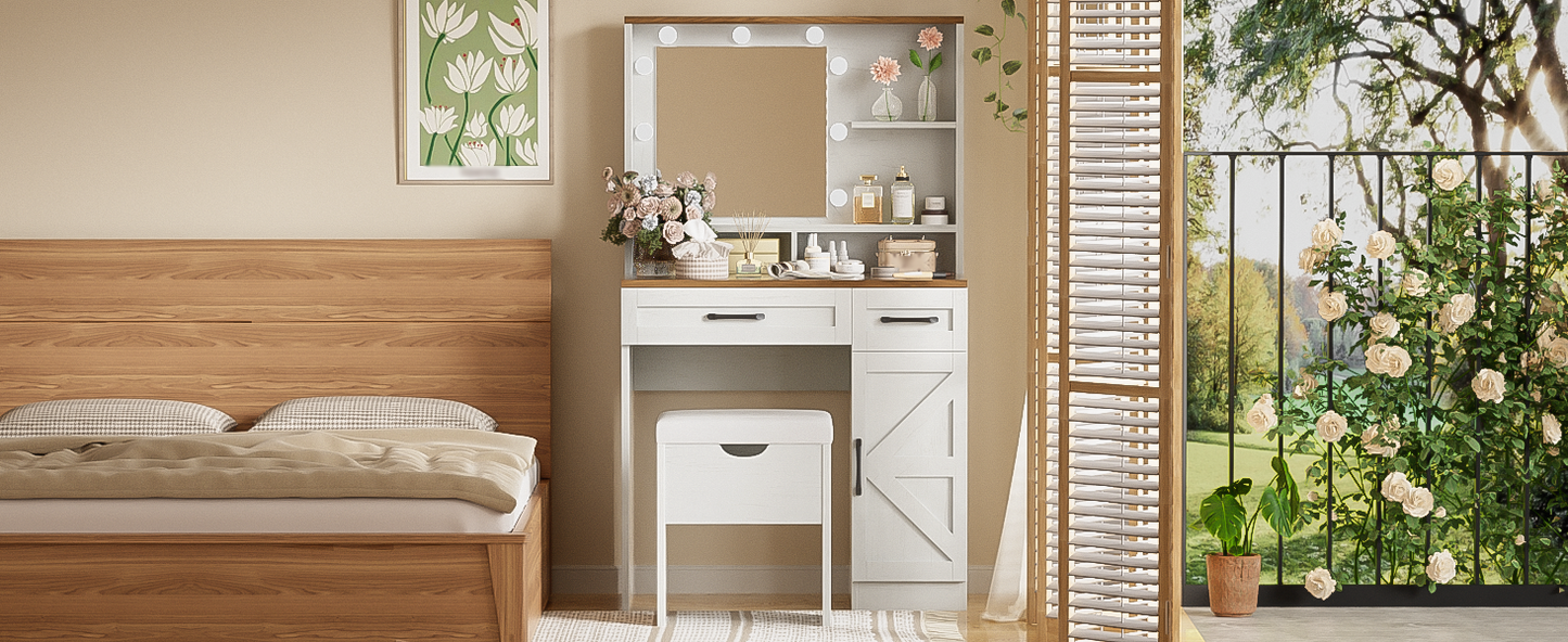 Farmhouse Makeup Vanity Desk with Mirror and Lights, 3 Lighting Modes, Vanity Set with Stool, Dressing Table with Adjustable Shelves,2 Drawers and Side Cabinet for Bedroom, White