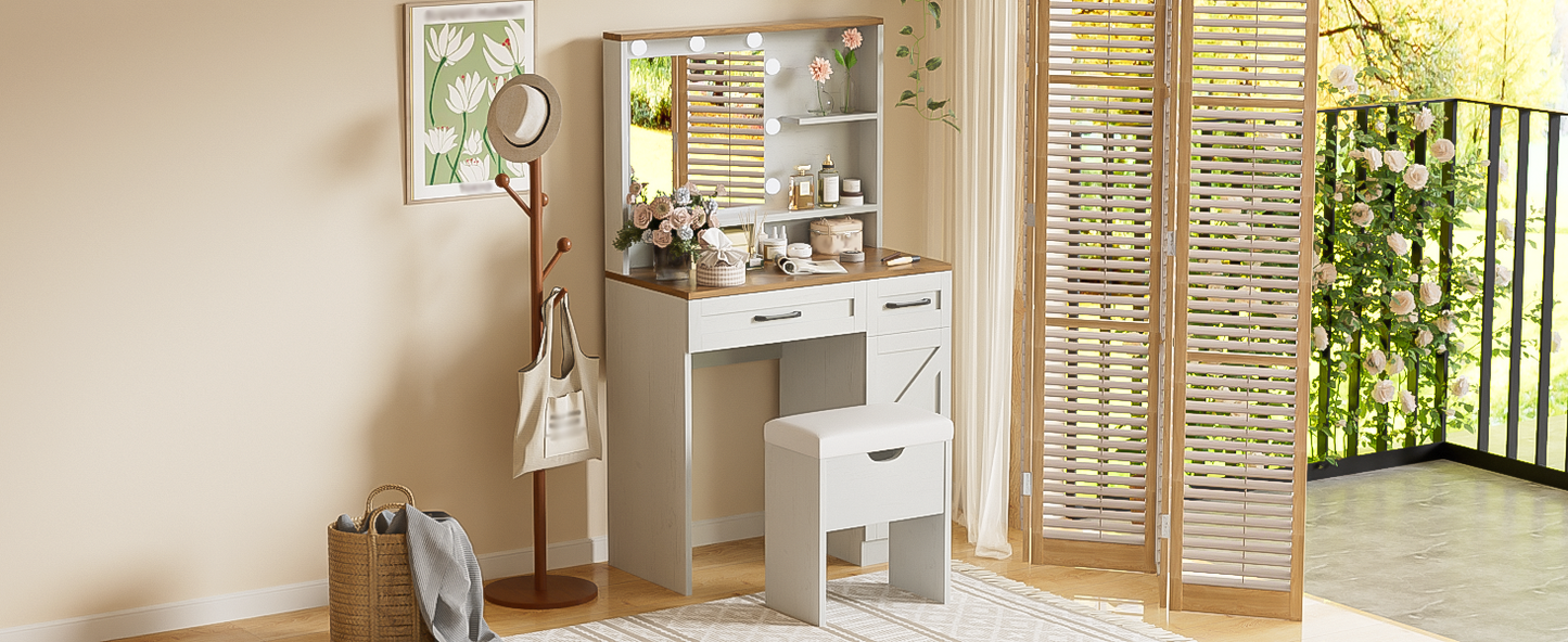 Farmhouse Makeup Vanity Desk with Mirror and Lights, 3 Lighting Modes, Vanity Set with Stool, Dressing Table with Adjustable Shelves,2 Drawers and Side Cabinet for Bedroom, White