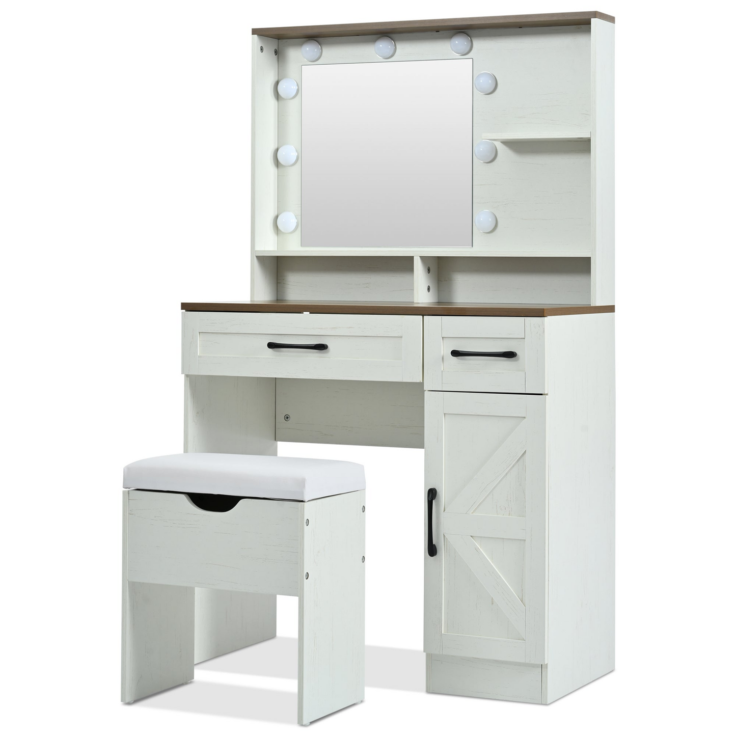 Farmhouse Makeup Vanity Desk with Mirror and Lights, 3 Lighting Modes, Vanity Set with Stool, Dressing Table with Adjustable Shelves,2 Drawers and Side Cabinet for Bedroom, White