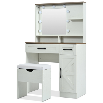Farmhouse Makeup Vanity Desk with Mirror and Lights, 3 Lighting Modes, Vanity Set with Stool, Dressing Table with Adjustable Shelves,2 Drawers and Side Cabinet for Bedroom, White