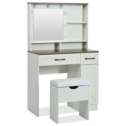 Farmhouse Makeup Vanity Desk with Mirror and Lights, 3 Lighting Modes, Vanity Set with Stool, Dressing Table with Adjustable Shelves,2 Drawers and Side Cabinet for Bedroom, White