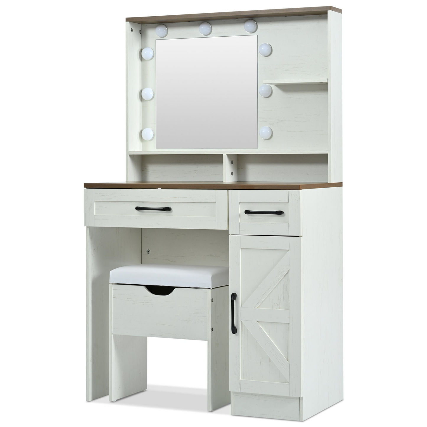 Farmhouse Makeup Vanity Desk with Mirror and Lights, 3 Lighting Modes, Vanity Set with Stool, Dressing Table with Adjustable Shelves,2 Drawers and Side Cabinet for Bedroom, White