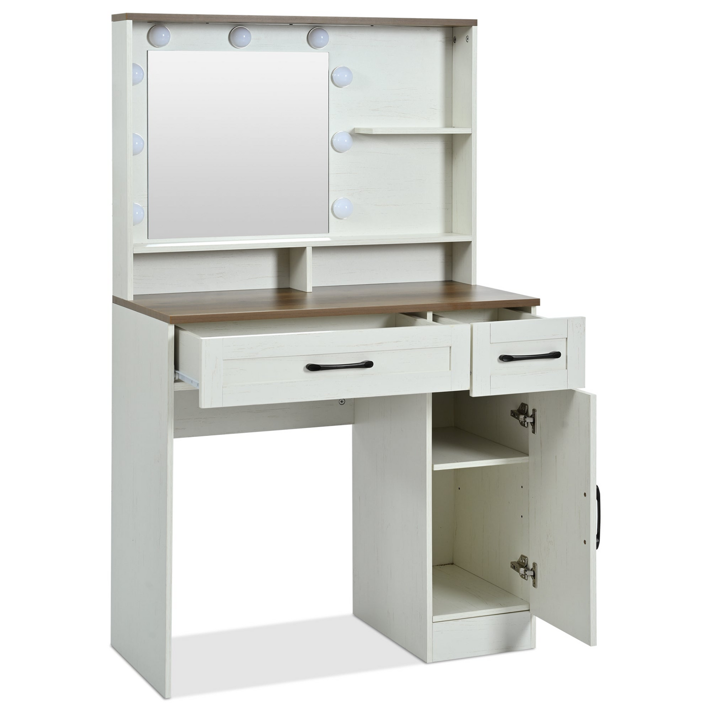 Farmhouse Makeup Vanity Desk with Mirror and Lights, 3 Lighting Modes, Vanity Set with Stool, Dressing Table with Adjustable Shelves,2 Drawers and Side Cabinet for Bedroom, White