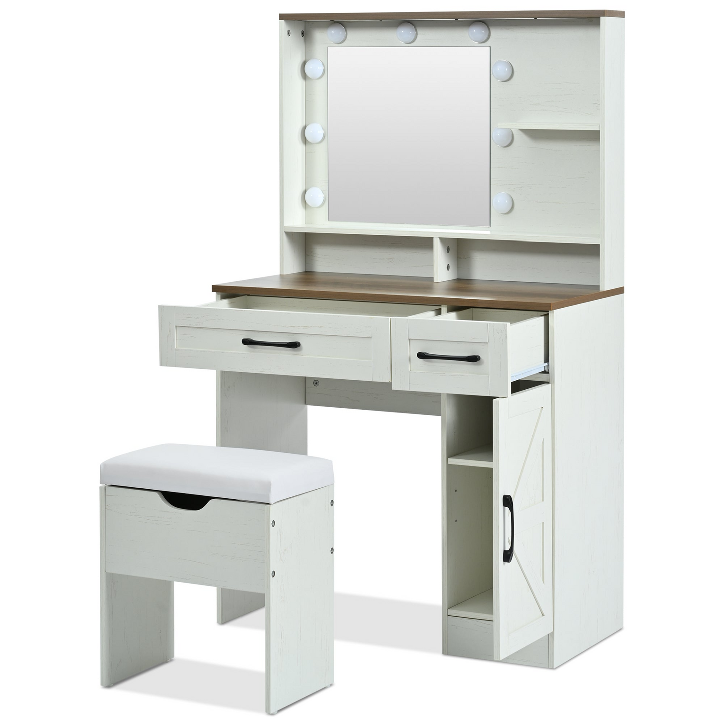 Farmhouse Makeup Vanity Desk with Mirror and Lights, 3 Lighting Modes, Vanity Set with Stool, Dressing Table with Adjustable Shelves,2 Drawers and Side Cabinet for Bedroom, White