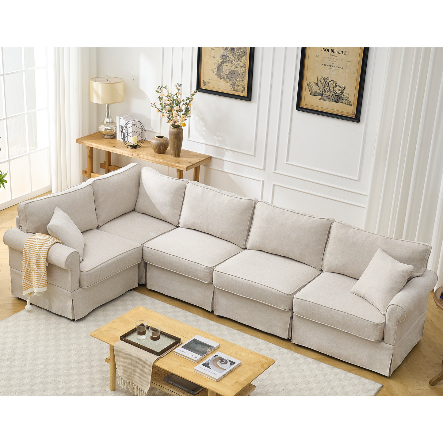 Modular Sectional Sofa Set,Convertible L Shaped Couch ,5 Seat,Reversible Sectional Sofa Couch,Upholstered,Corner Sofa,Rolled Arms,Soft Linen Fabric,  Beige