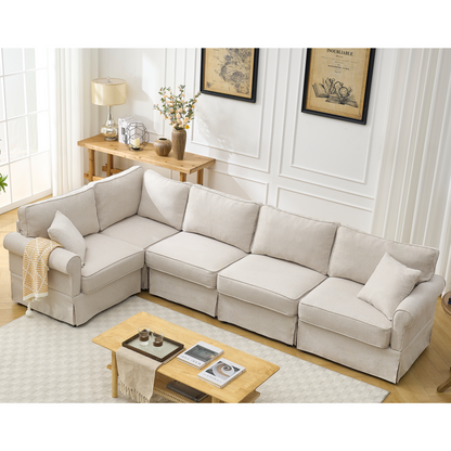 Modular Sectional Sofa Set,Convertible L Shaped Couch ,5 Seat,Reversible Sectional Sofa Couch,Upholstered,Corner Sofa,Rolled Arms,Soft Linen Fabric,  Beige