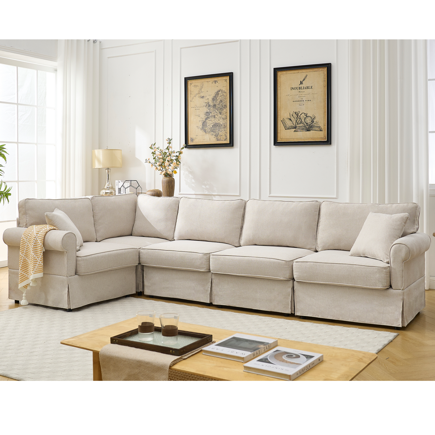 Modular Sectional Sofa Set,Convertible L Shaped Couch ,5 Seat,Reversible Sectional Sofa Couch,Upholstered,Corner Sofa,Rolled Arms,Soft Linen Fabric,  Beige