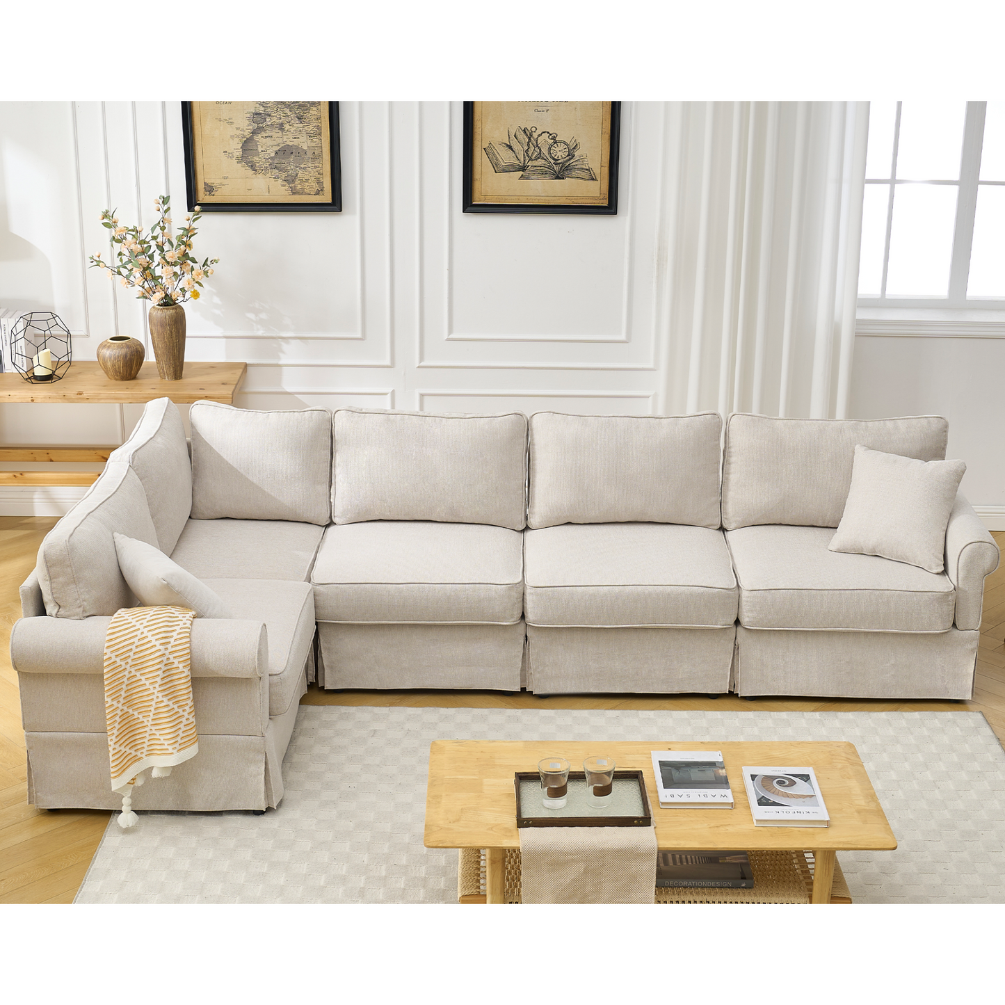 Modular Sectional Sofa Set,Convertible L Shaped Couch ,5 Seat,Reversible Sectional Sofa Couch,Upholstered,Corner Sofa,Rolled Arms,Soft Linen Fabric,  Beige