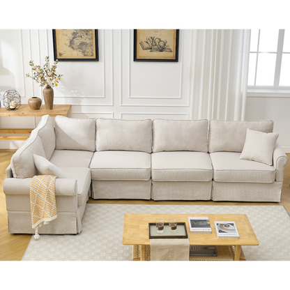 Modular Sectional Sofa Set,Convertible L Shaped Couch ,5 Seat,Reversible Sectional Sofa Couch,Upholstered,Corner Sofa,Rolled Arms,Soft Linen Fabric,  Beige