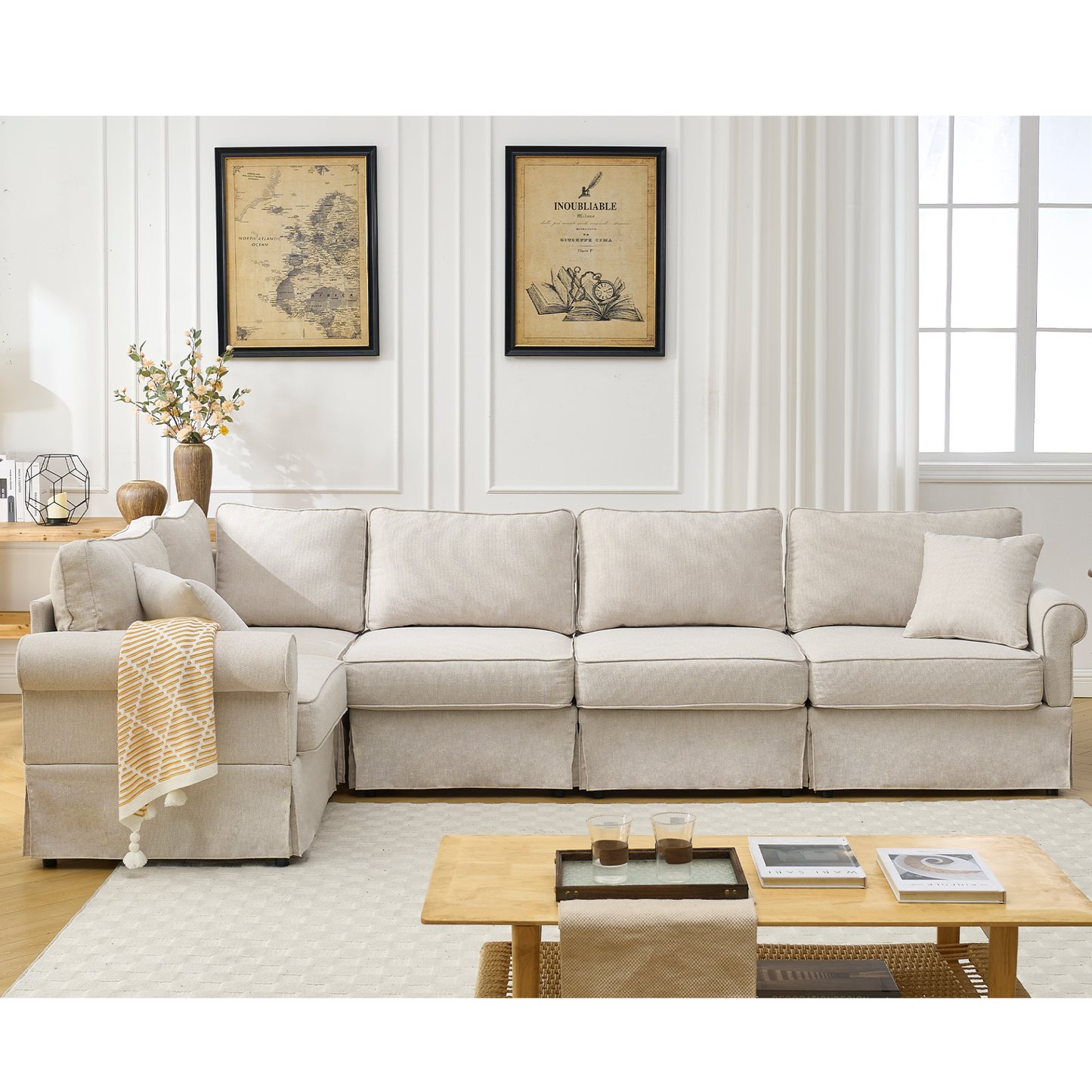 Modular Sectional Sofa Set,Convertible L Shaped Couch ,5 Seat,Reversible Sectional Sofa Couch,Upholstered,Corner Sofa,Rolled Arms,Soft Linen Fabric,  Beige