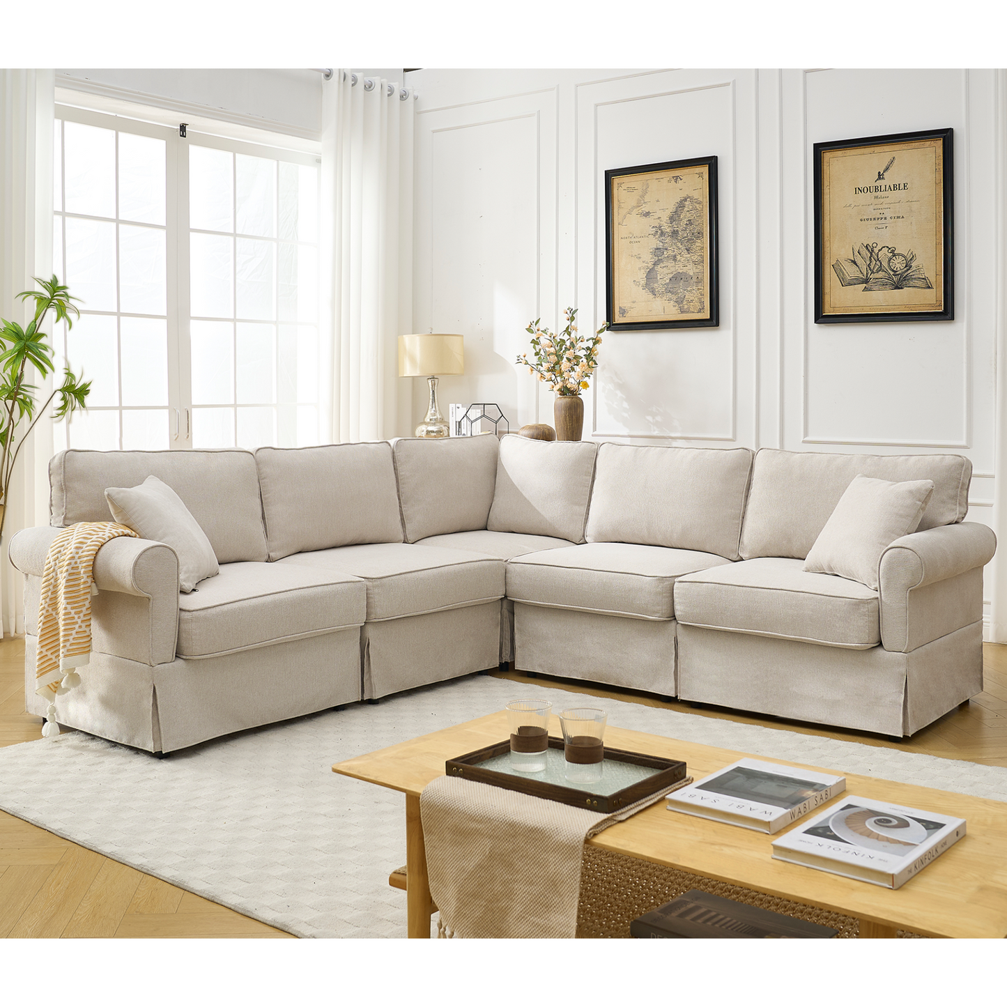 Modular Sectional Sofa Set,Convertible L Shaped Couch ,5 Seat,Reversible Sectional Sofa Couch,Upholstered,Corner Sofa,Rolled Arms,Soft Linen Fabric,  Beige