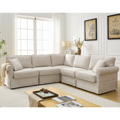 Modular Sectional Sofa Set,Convertible L Shaped Couch ,5 Seat,Reversible Sectional Sofa Couch,Upholstered,Corner Sofa,Rolled Arms,Soft Linen Fabric,  Beige