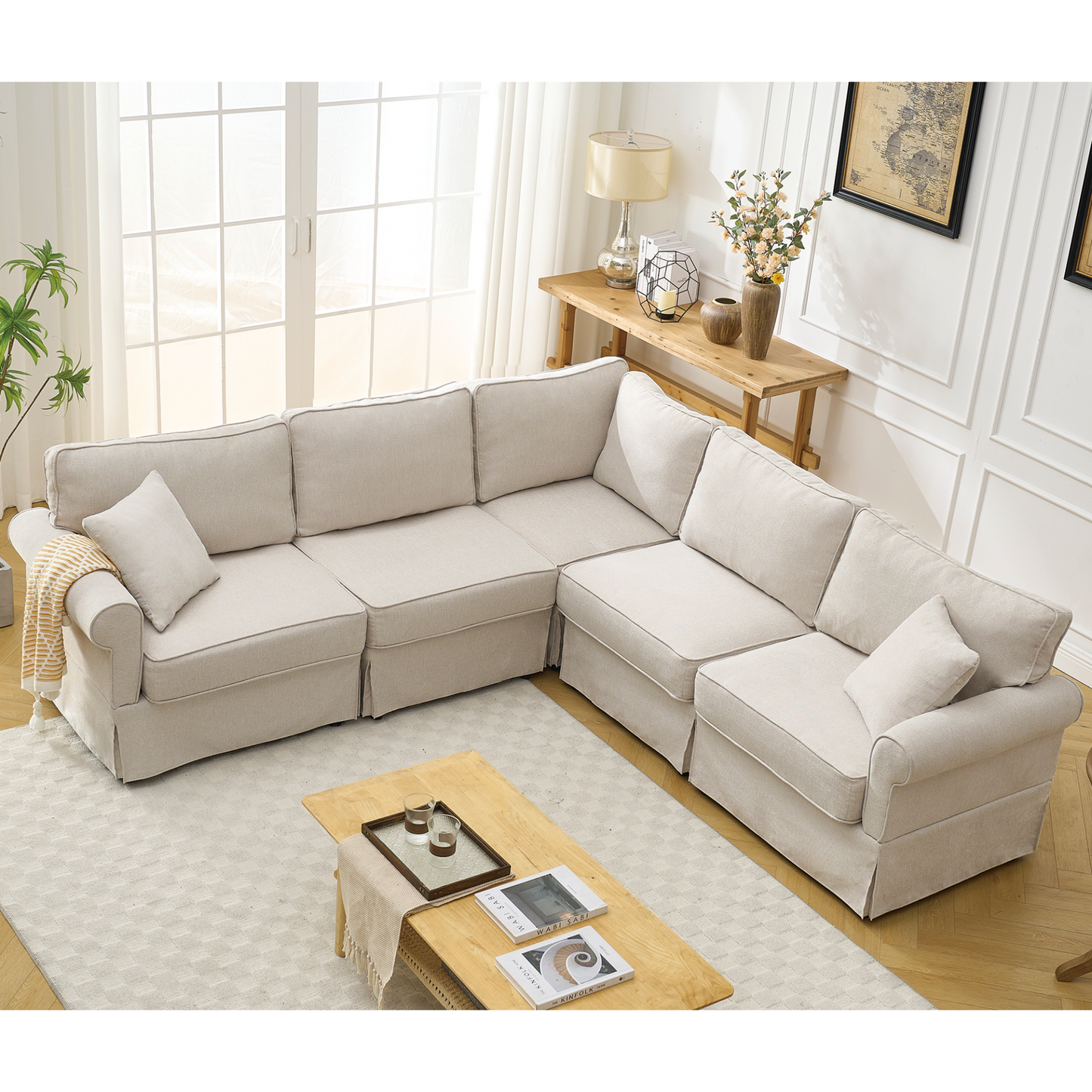 Modular Sectional Sofa Set,Convertible L Shaped Couch ,5 Seat,Reversible Sectional Sofa Couch,Upholstered,Corner Sofa,Rolled Arms,Soft Linen Fabric,  Beige