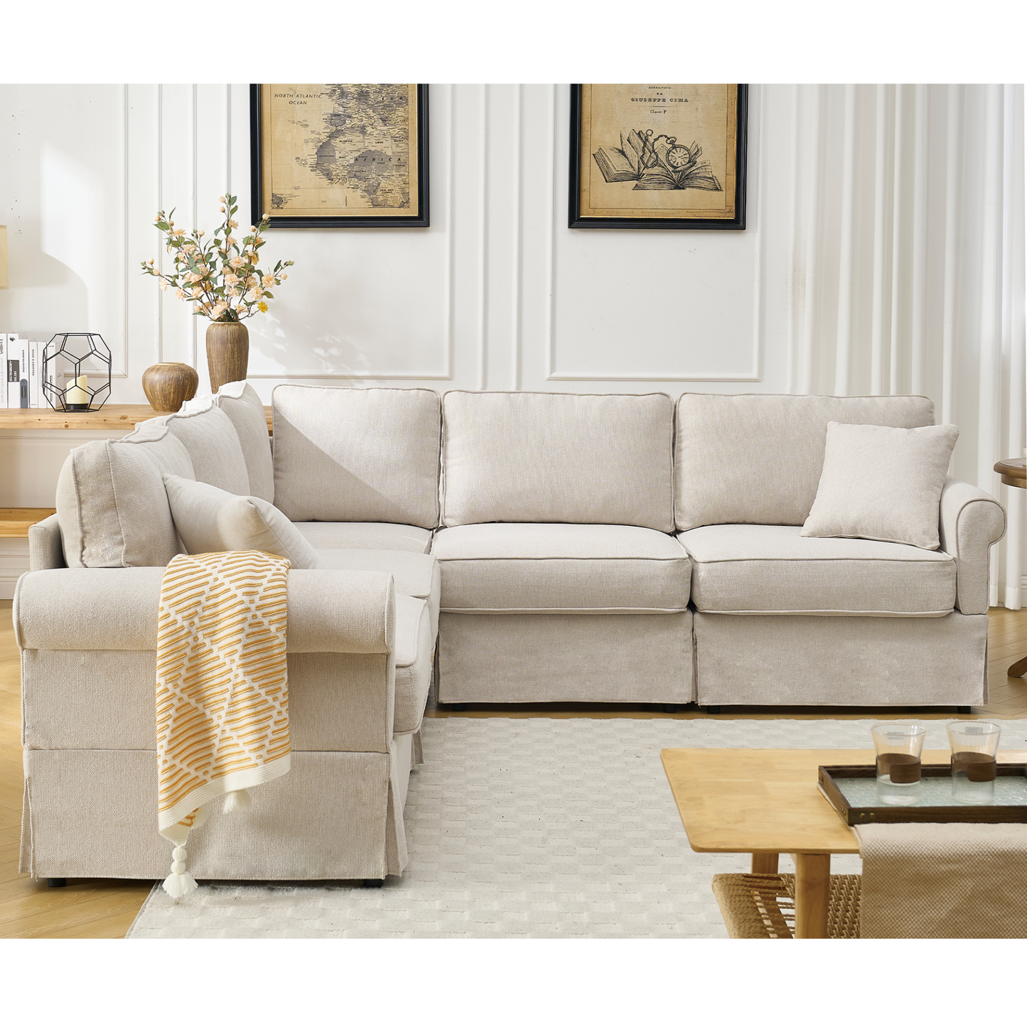 Modular Sectional Sofa Set,Convertible L Shaped Couch ,5 Seat,Reversible Sectional Sofa Couch,Upholstered,Corner Sofa,Rolled Arms,Soft Linen Fabric,  Beige
