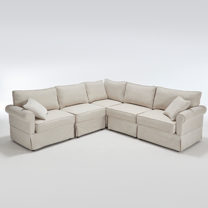 Modular Sectional Sofa Set,Convertible L Shaped Couch ,5 Seat,Reversible Sectional Sofa Couch,Upholstered,Corner Sofa,Rolled Arms,Soft Linen Fabric,  Beige
