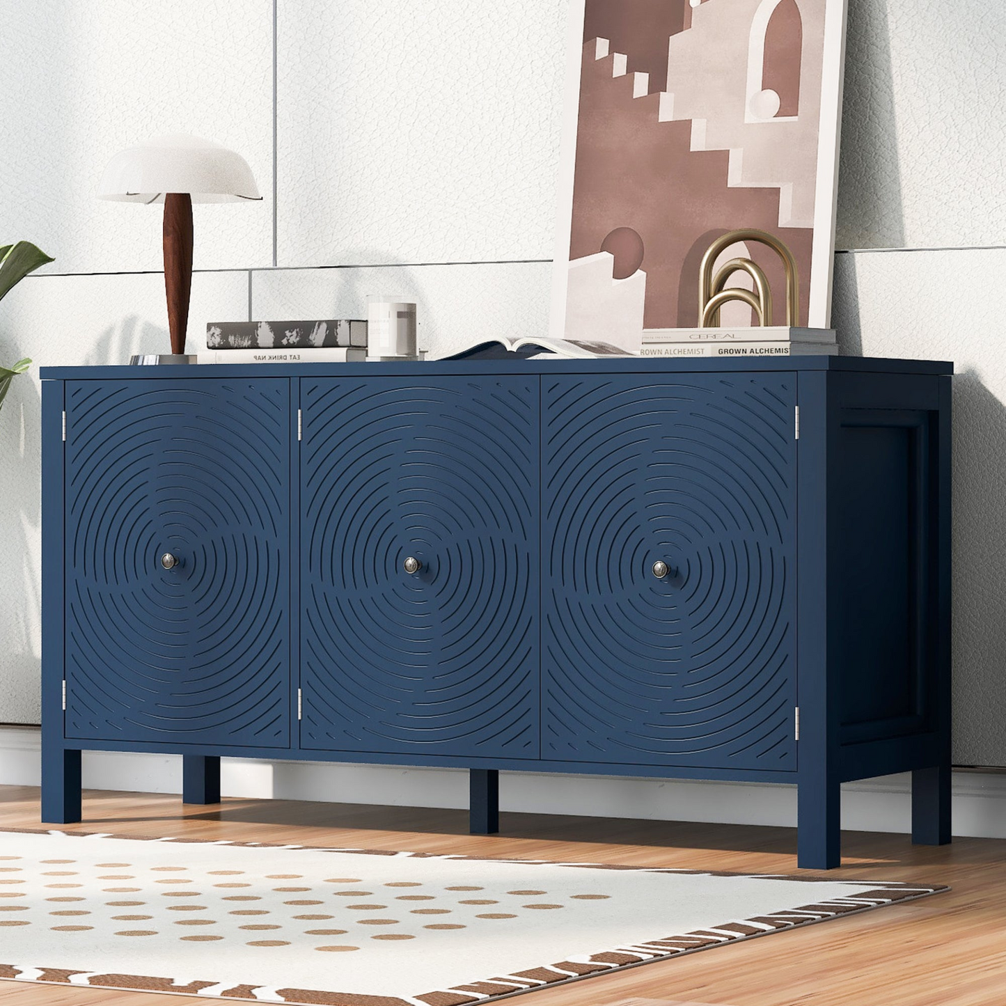 Sideboard with Curved Swirl Patterned Doors and Artistic Three-Door Design,Suitable for Living Rooms,Entrance and Study