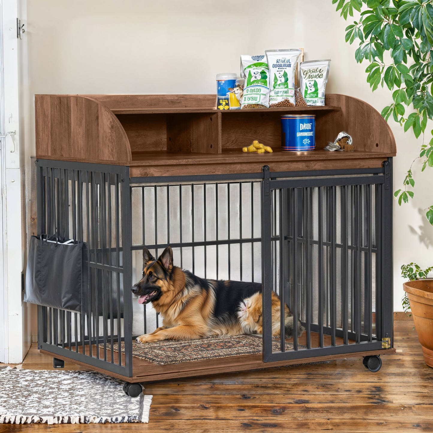 44'' Heavy Duty Large Dog Crate Furniture for Large Medium Dog with Lockable Wheels, Wooden Dog Crate Dog Kennel, End Table Crate with Double layer storage, Brown
