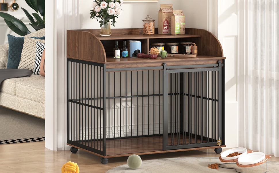 44'' Heavy Duty Large Dog Crate Furniture for Large Medium Dog with Lockable Wheels, Wooden Dog Crate Dog Kennel, End Table Crate with Double layer storage, Brown