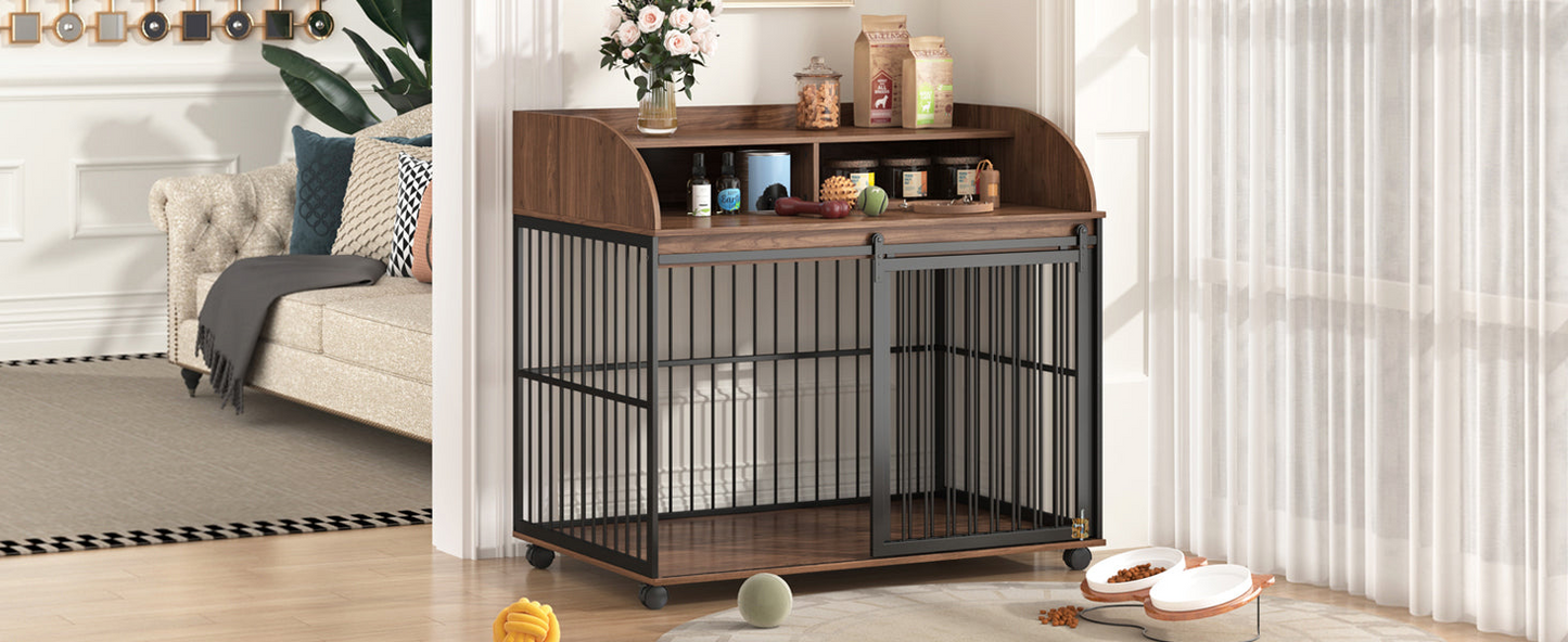 44'' Heavy Duty Large Dog Crate Furniture for Large Medium Dog with Lockable Wheels, Wooden Dog Crate Dog Kennel, End Table Crate with Double layer storage, Brown