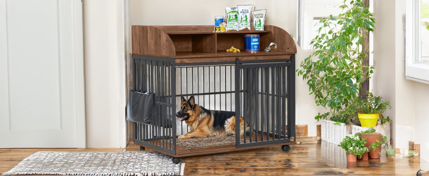 44'' Heavy Duty Large Dog Crate Furniture for Large Medium Dog with Lockable Wheels, Wooden Dog Crate Dog Kennel, End Table Crate with Double layer storage, Brown