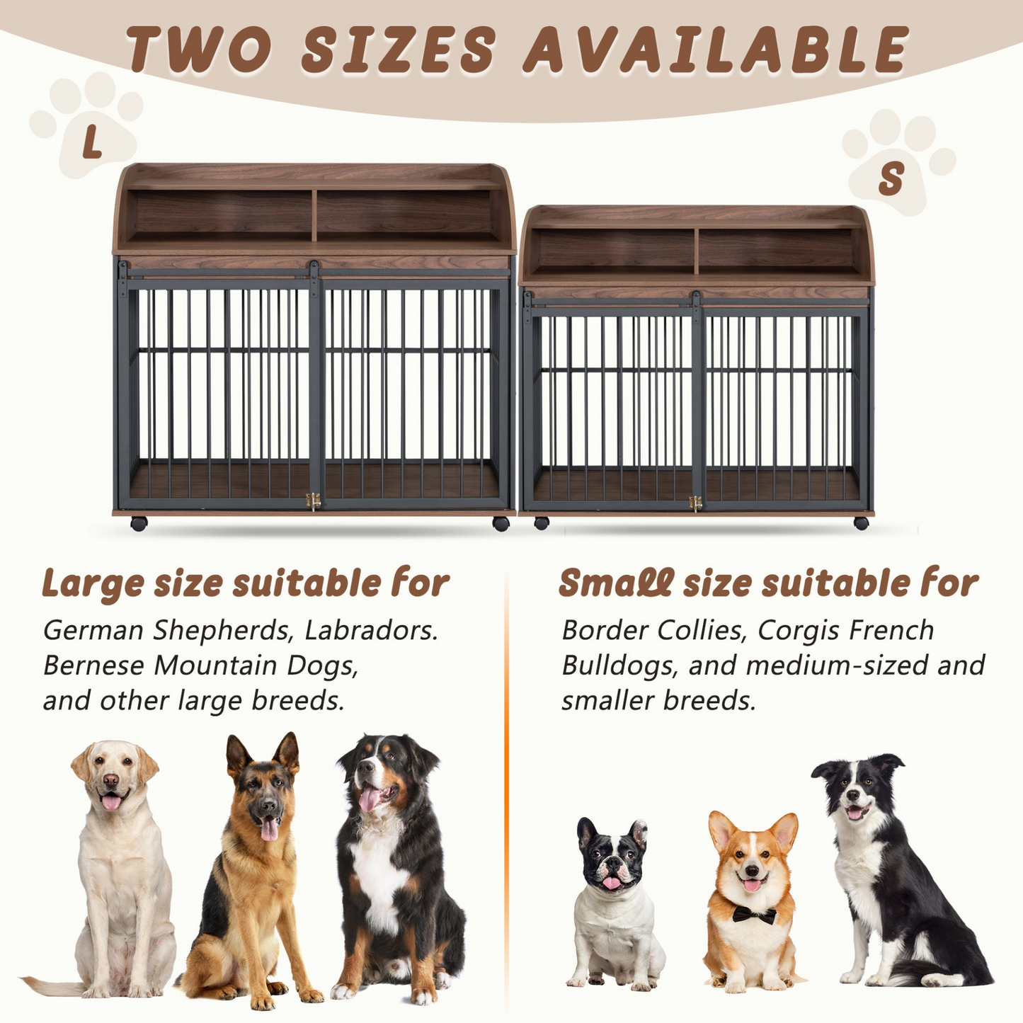 44'' Heavy Duty Large Dog Crate Furniture for Large Medium Dog with Lockable Wheels, Wooden Dog Crate Dog Kennel, End Table Crate with Double layer storage, Brown