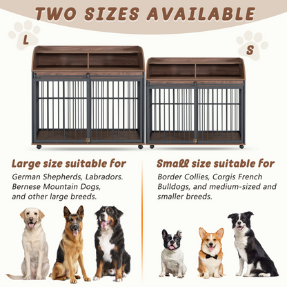 44'' Heavy Duty Large Dog Crate Furniture for Large Medium Dog with Lockable Wheels, Wooden Dog Crate Dog Kennel, End Table Crate with Double layer storage, Brown