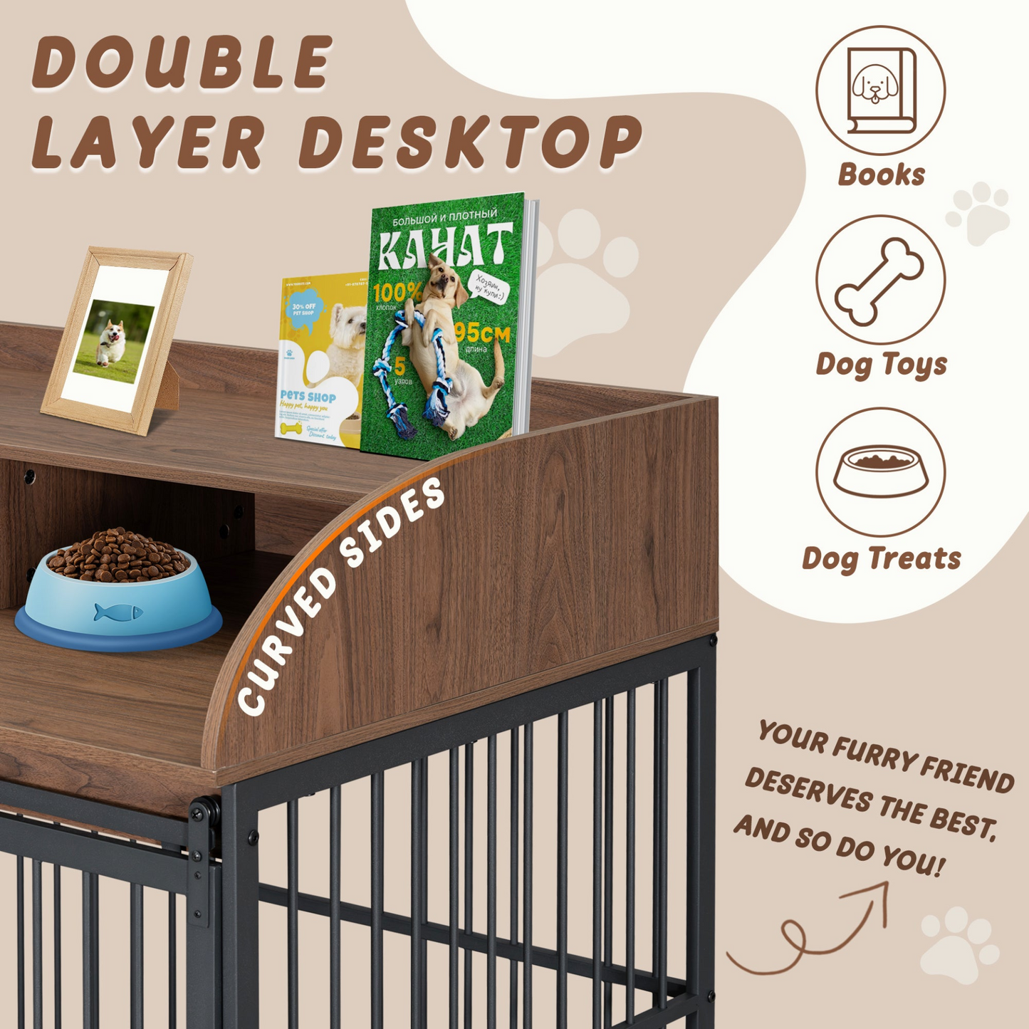 44'' Heavy Duty Large Dog Crate Furniture for Large Medium Dog with Lockable Wheels, Wooden Dog Crate Dog Kennel, End Table Crate with Double layer storage, Brown