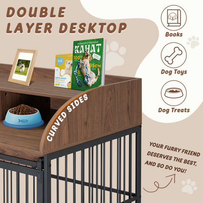 44'' Heavy Duty Large Dog Crate Furniture for Large Medium Dog with Lockable Wheels, Wooden Dog Crate Dog Kennel, End Table Crate with Double layer storage, Brown