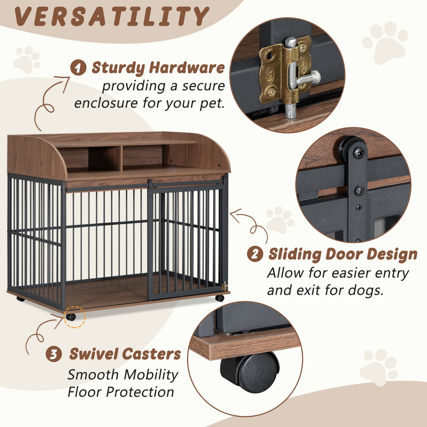 44'' Heavy Duty Large Dog Crate Furniture for Large Medium Dog with Lockable Wheels, Wooden Dog Crate Dog Kennel, End Table Crate with Double layer storage, Brown