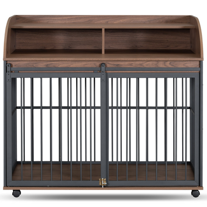44'' Heavy Duty Large Dog Crate Furniture for Large Medium Dog with Lockable Wheels, Wooden Dog Crate Dog Kennel, End Table Crate with Double layer storage, Brown