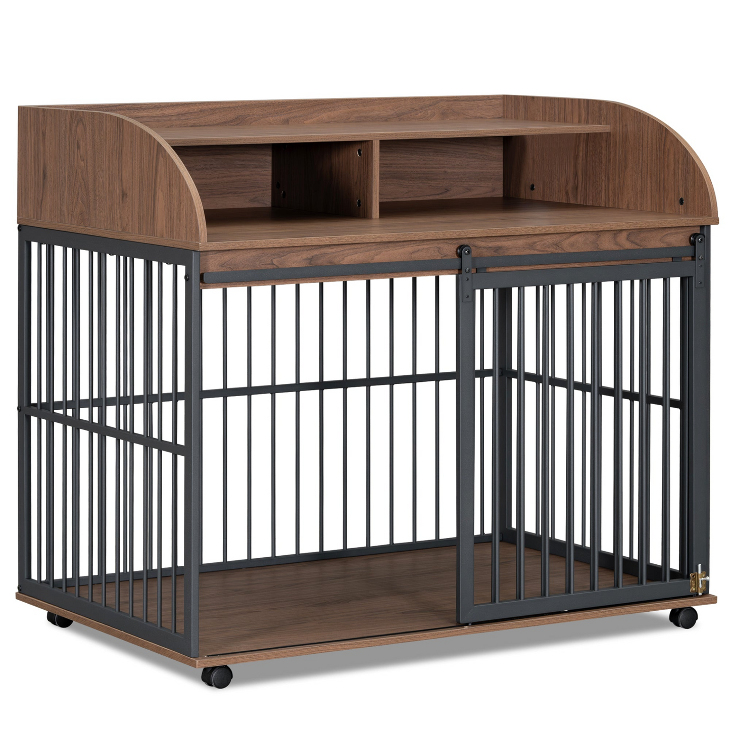 44'' Heavy Duty Large Dog Crate Furniture for Large Medium Dog with Lockable Wheels, Wooden Dog Crate Dog Kennel, End Table Crate with Double layer storage, Brown