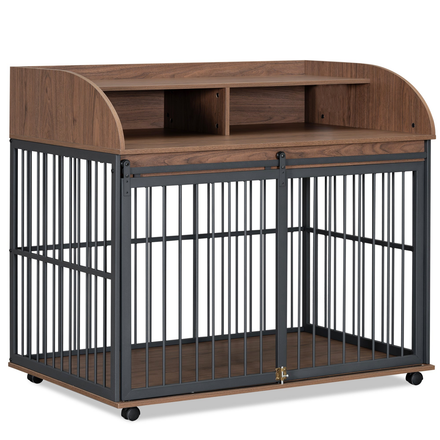 44'' Heavy Duty Large Dog Crate Furniture for Large Medium Dog with Lockable Wheels, Wooden Dog Crate Dog Kennel, End Table Crate with Double layer storage, Brown