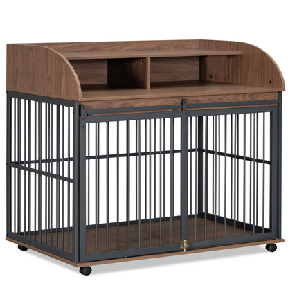 44'' Heavy Duty Large Dog Crate Furniture for Large Medium Dog with Lockable Wheels, Wooden Dog Crate Dog Kennel, End Table Crate with Double layer storage, Brown