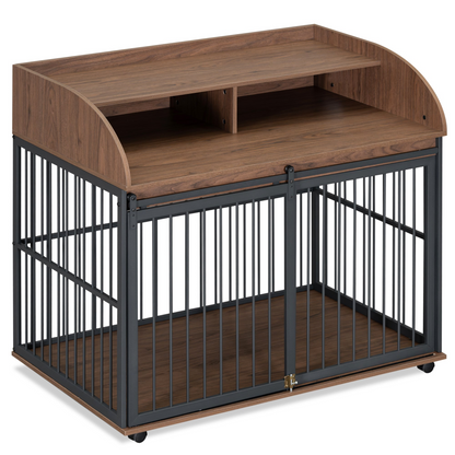 44'' Heavy Duty Large Dog Crate Furniture for Large Medium Dog with Lockable Wheels, Wooden Dog Crate Dog Kennel, End Table Crate with Double layer storage, Brown