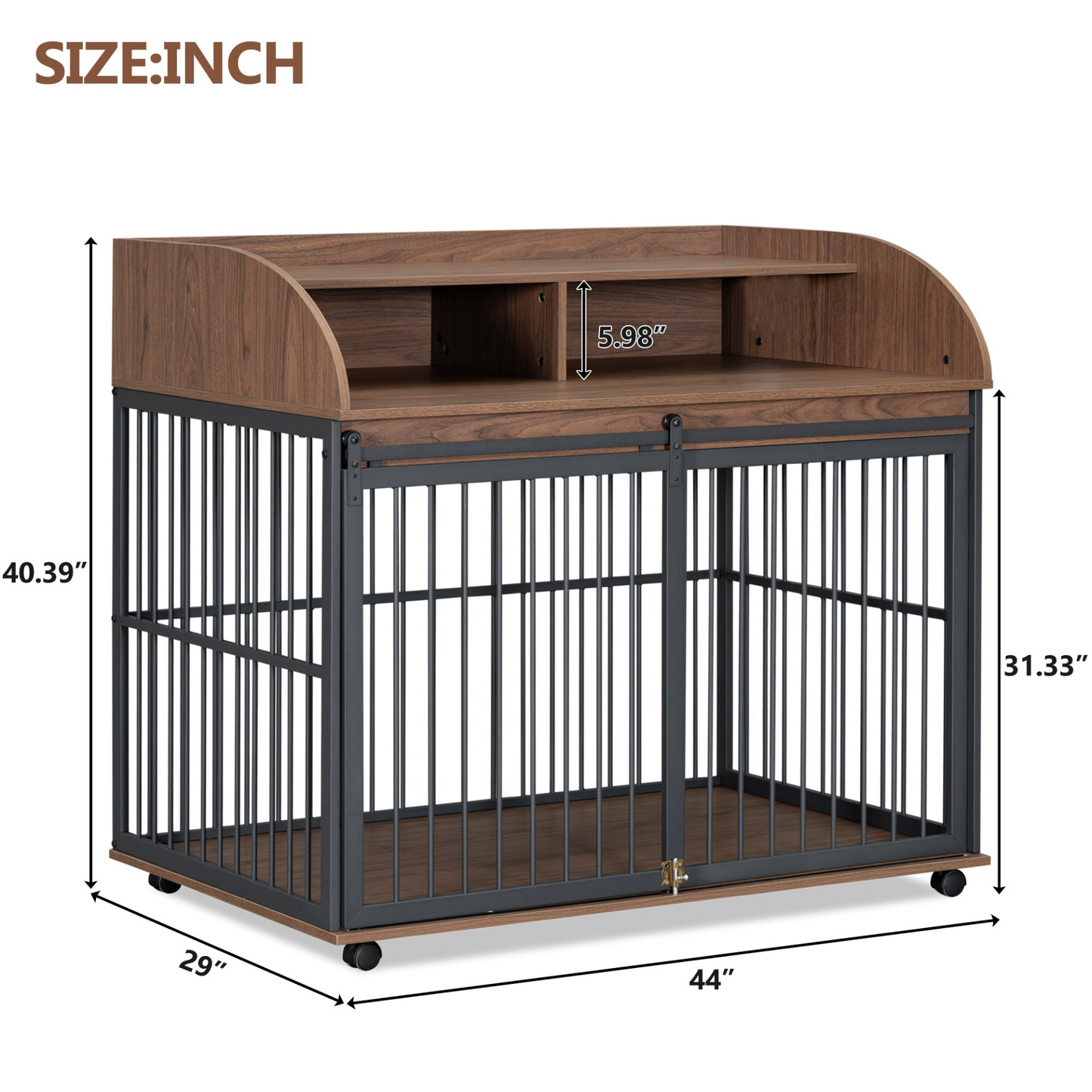44'' Heavy Duty Large Dog Crate Furniture for Large Medium Dog with Lockable Wheels, Wooden Dog Crate Dog Kennel, End Table Crate with Double layer storage, Brown