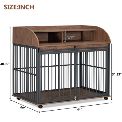 44'' Heavy Duty Large Dog Crate Furniture for Large Medium Dog with Lockable Wheels, Wooden Dog Crate Dog Kennel, End Table Crate with Double layer storage, Brown