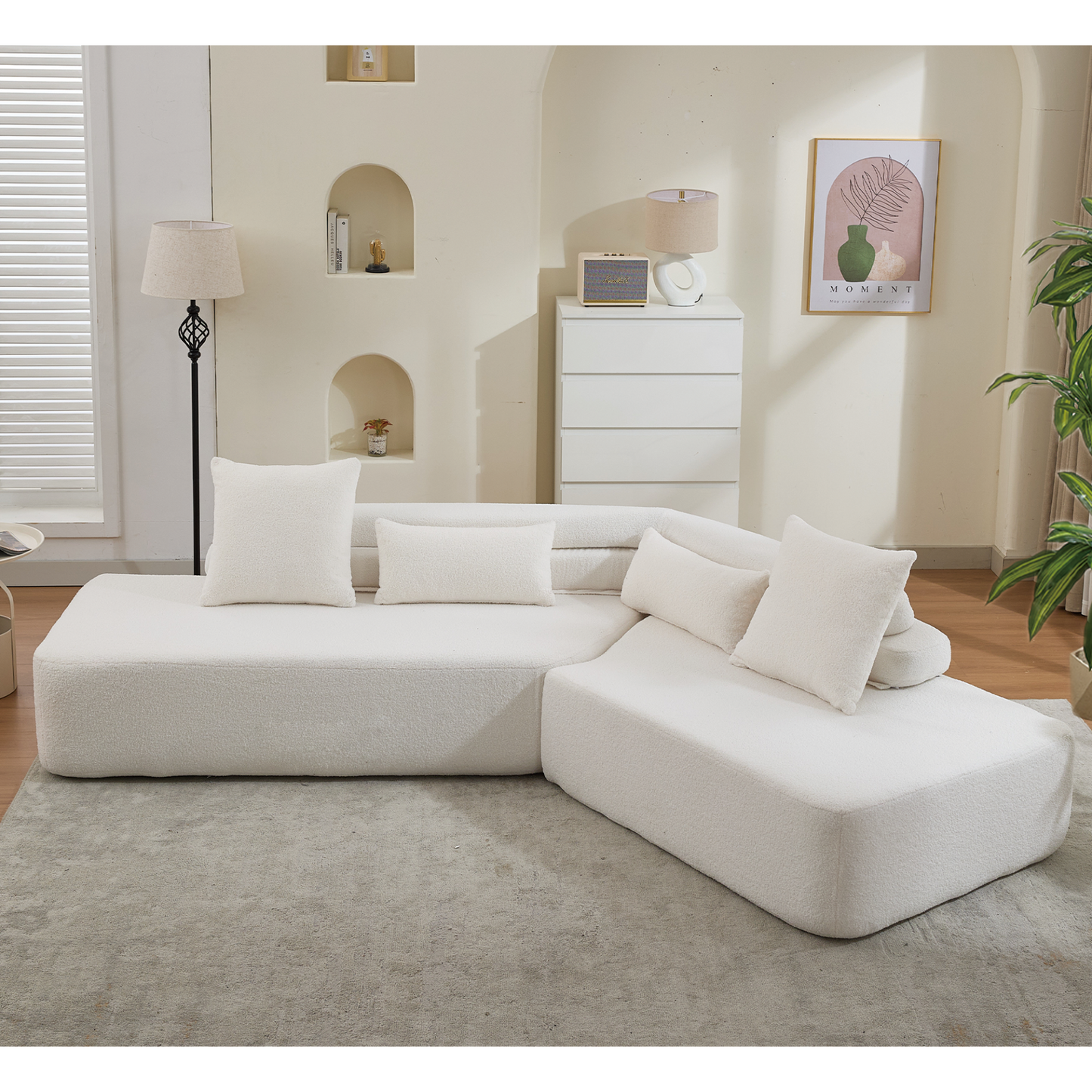 128"Minimalist Cloud Sectional Couch ,Modern Couches ,4-Seater ,No Assembly,Two modular sofa,Boucle Teddy  Fabric, upholstered , anti-wrinkle fabric, Beige