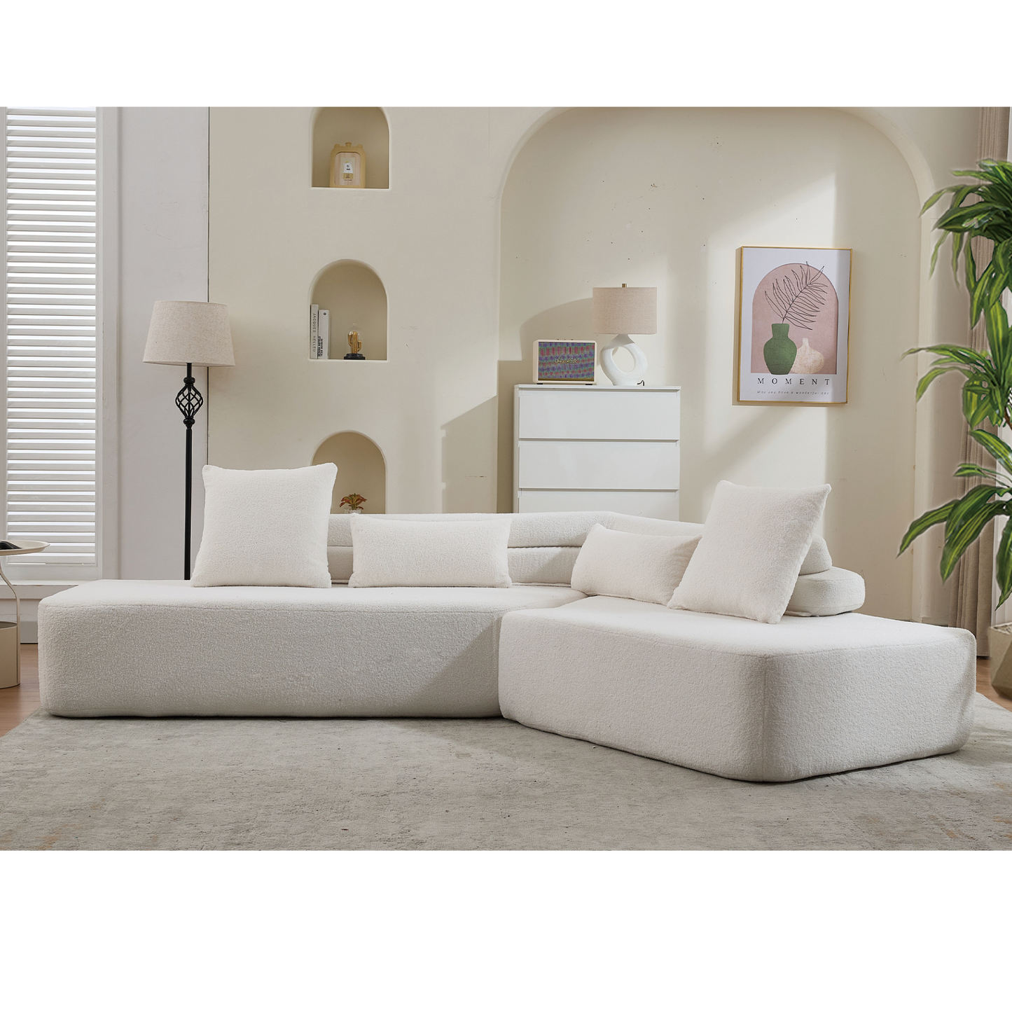 128"Minimalist Cloud Sectional Couch ,Modern Couches ,4-Seater ,No Assembly,Two modular sofa,Boucle Teddy  Fabric, upholstered , anti-wrinkle fabric, Beige