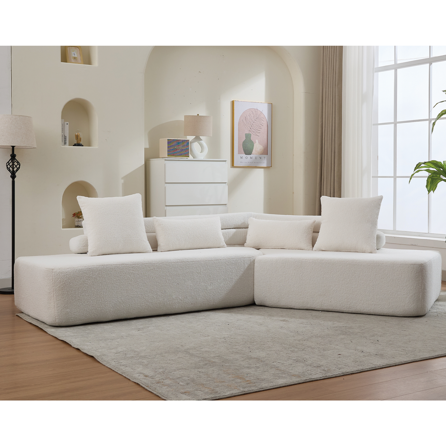 128"Minimalist Cloud Sectional Couch ,Modern Couches ,4-Seater ,No Assembly,Two modular sofa,Boucle Teddy  Fabric, upholstered , anti-wrinkle fabric, Beige