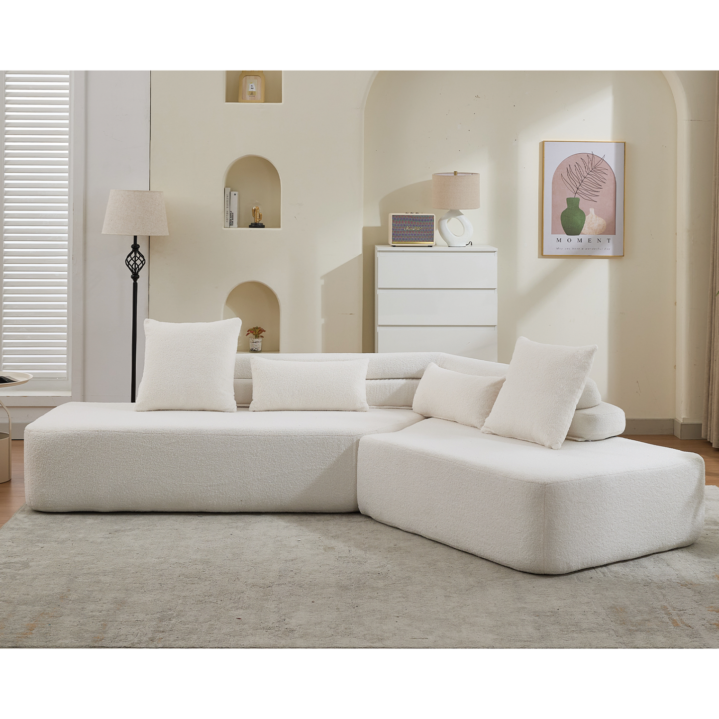 128"Minimalist Cloud Sectional Couch ,Modern Couches ,4-Seater ,No Assembly,Two modular sofa,Boucle Teddy  Fabric, upholstered , anti-wrinkle fabric, Beige