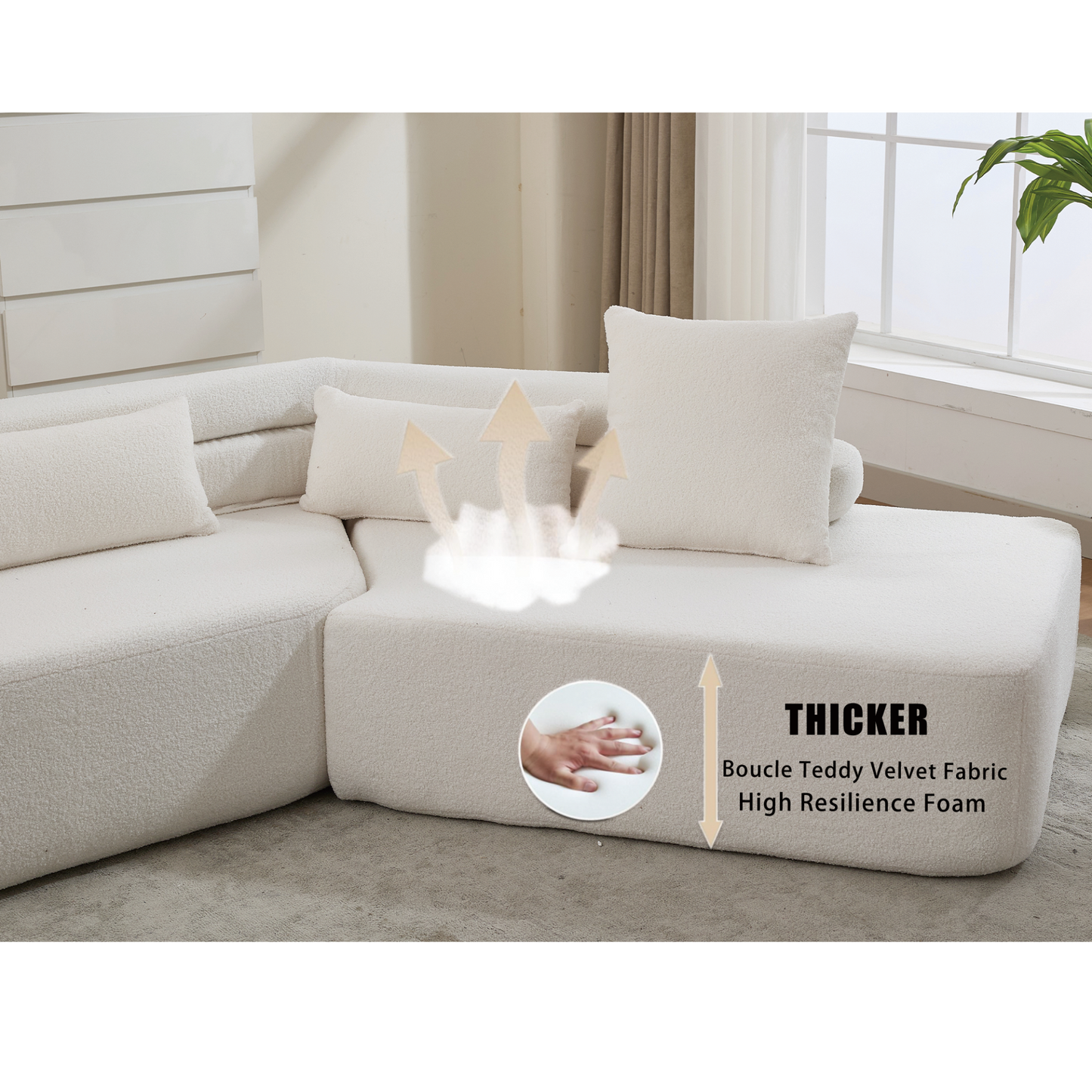 128"Minimalist Cloud Sectional Couch ,Modern Couches ,4-Seater ,No Assembly,Two modular sofa,Boucle Teddy  Fabric, upholstered , anti-wrinkle fabric, Beige